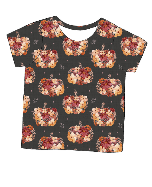 Short sleeve handmade T-shirt in Baize – cosy charcoal jersey with peach and burgundy pumpkin print.
