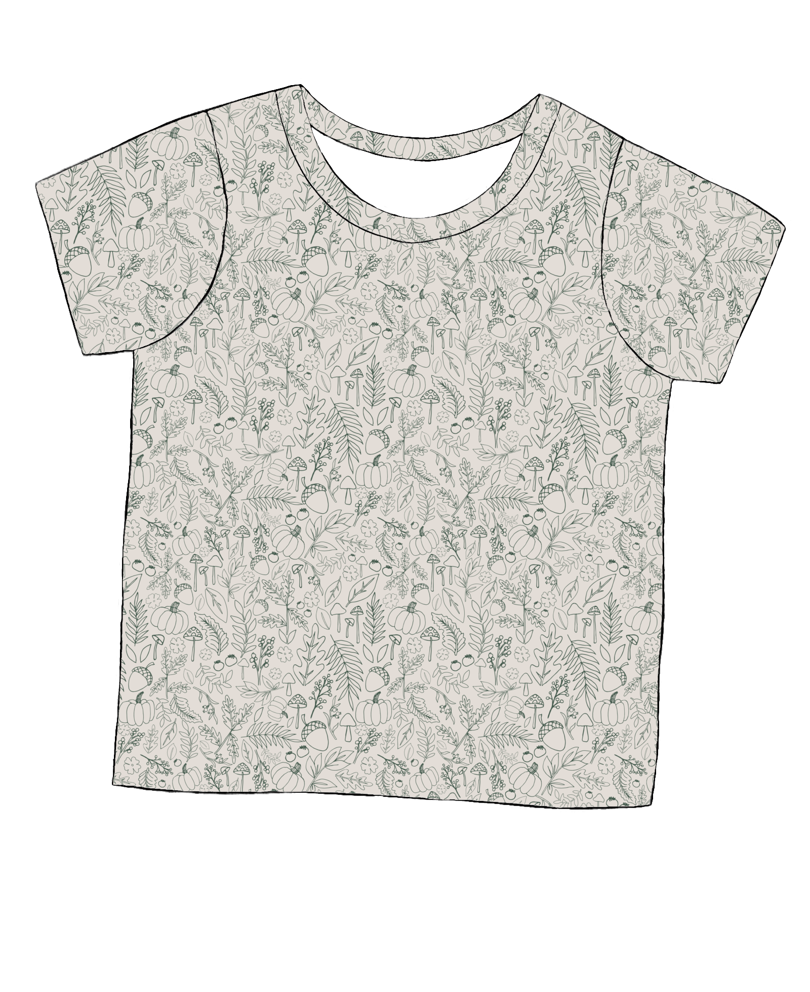 Short sleeve handmade T-shirt in Autumn Outlines – beige jersey with green line-drawn botanical design.
