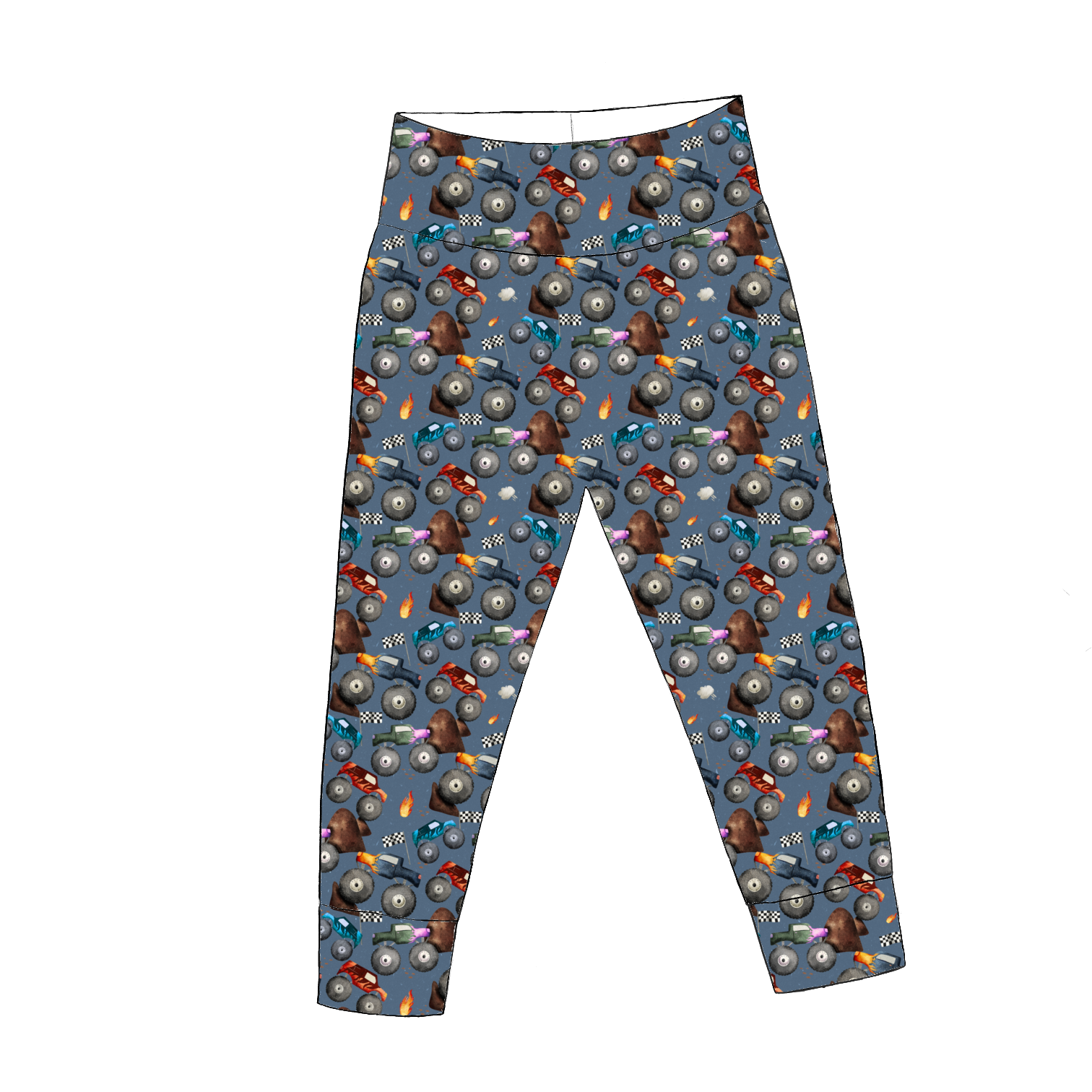 Monster Trucks leggings – bold blue print with watercolour trucks, flames and racing flags, yoga waistband and ankle cuffs.