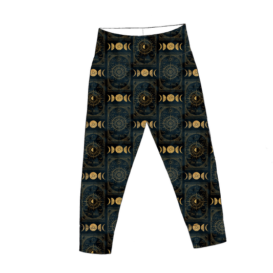 Children’s leggings in Tarot – dark jersey with gold tarot cards and moon phase symbols, elastic waist and cuffed ankles.