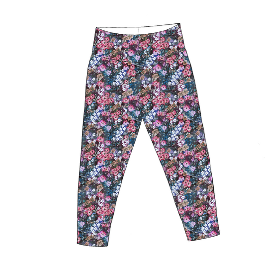 Leggings in Matilda Floral – expressive painterly flowers in rich tones, soft jersey fit with wide waistband and cuffs.