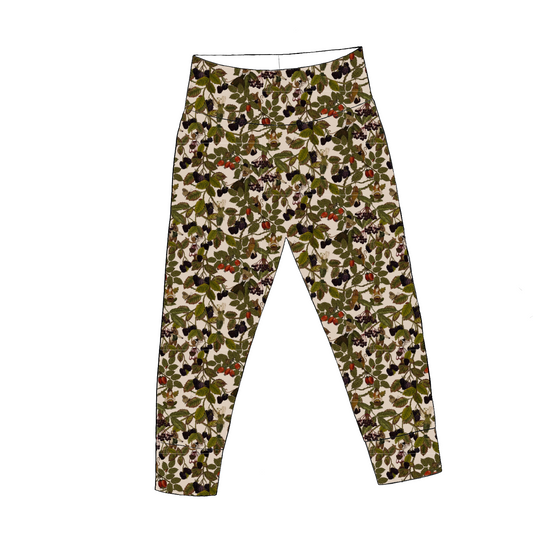 Children’s leggings in Hedgerow – woodland print with brambles, fairies and mice on cream base with cuffed ankles and yoga waist.