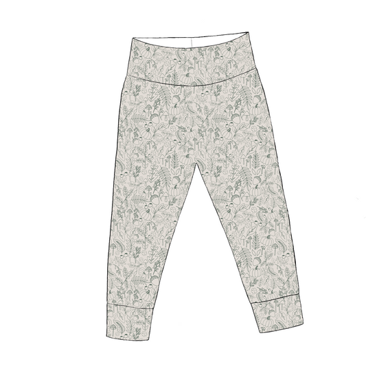 Kids' leggings in Autumn Outlines – neutral jersey with green autumn leaves and pumpkin sketches, yoga waistband and cuffs.