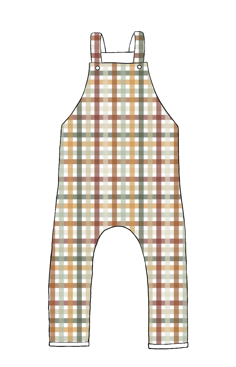 Children’s dungarees in Harvest Gingham – rust, mustard, sage and cream check with rolled hems and jersey straps.