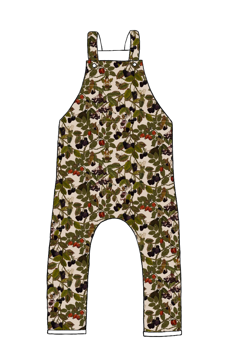 Full length dungarees in Hedgerow fabric – warm neutral base with fairies, mice and brambles in an illustrated woodland design.