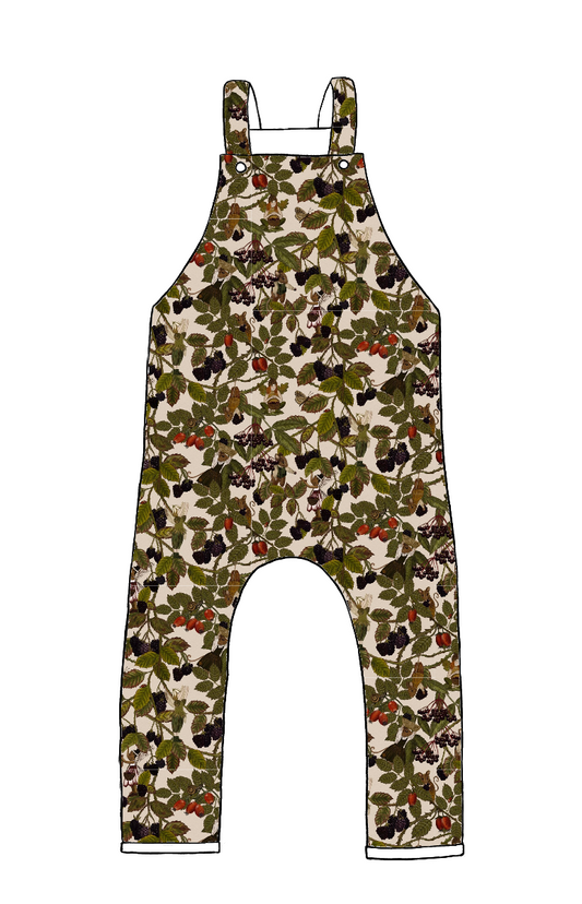 Full length dungarees in Hedgerow fabric – warm neutral base with fairies, mice and brambles in an illustrated woodland design.