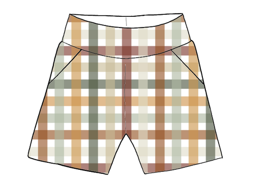 Children’s handmade pocket shorts in Harvest Gingham fabric – warm-toned check in rust, mustard, sage and cream, ideal for autumn.