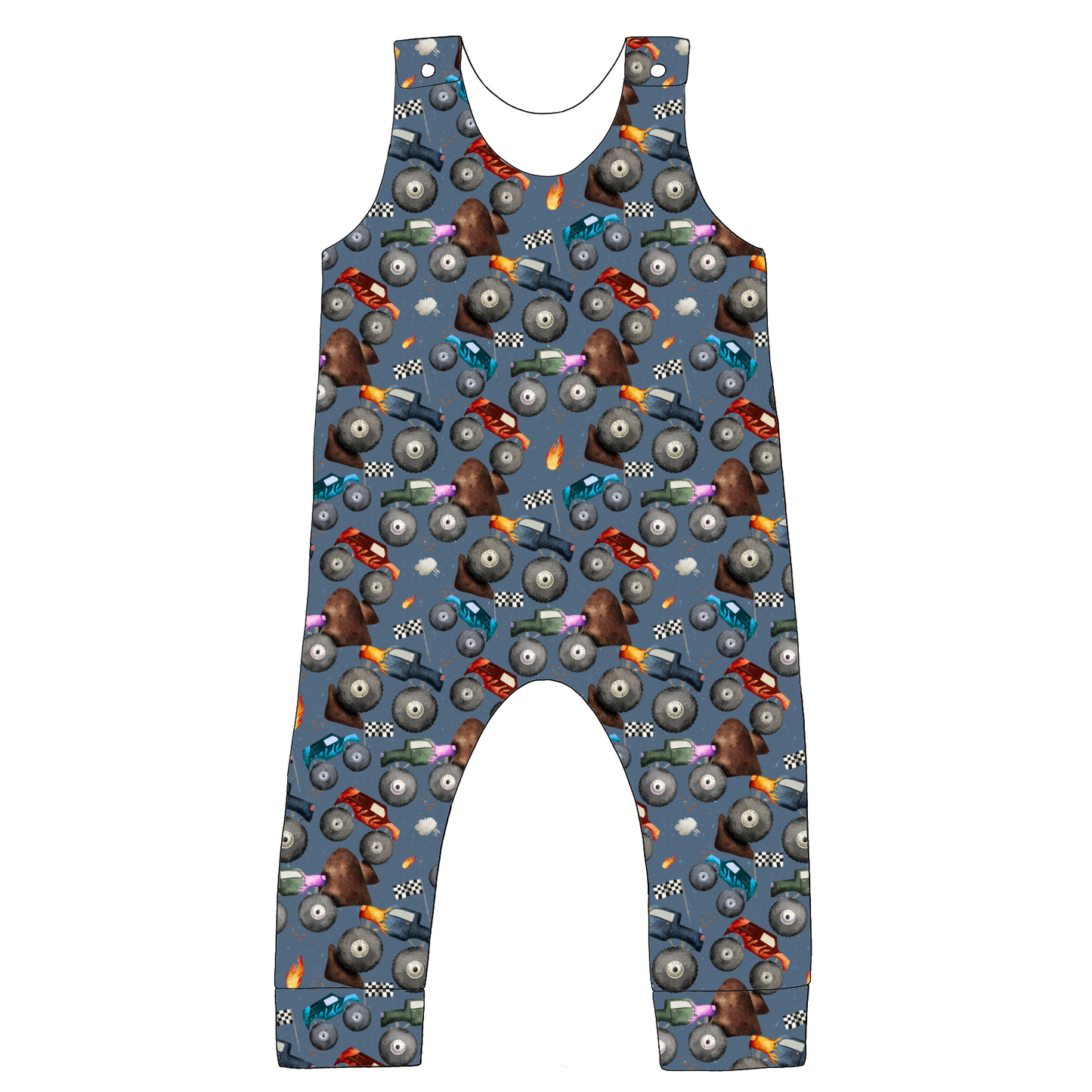 Full-length handmade dungarees in Monster Trucks – blue jersey with monster trucks, flames and flags, finished with rolled hems and comfy straps.