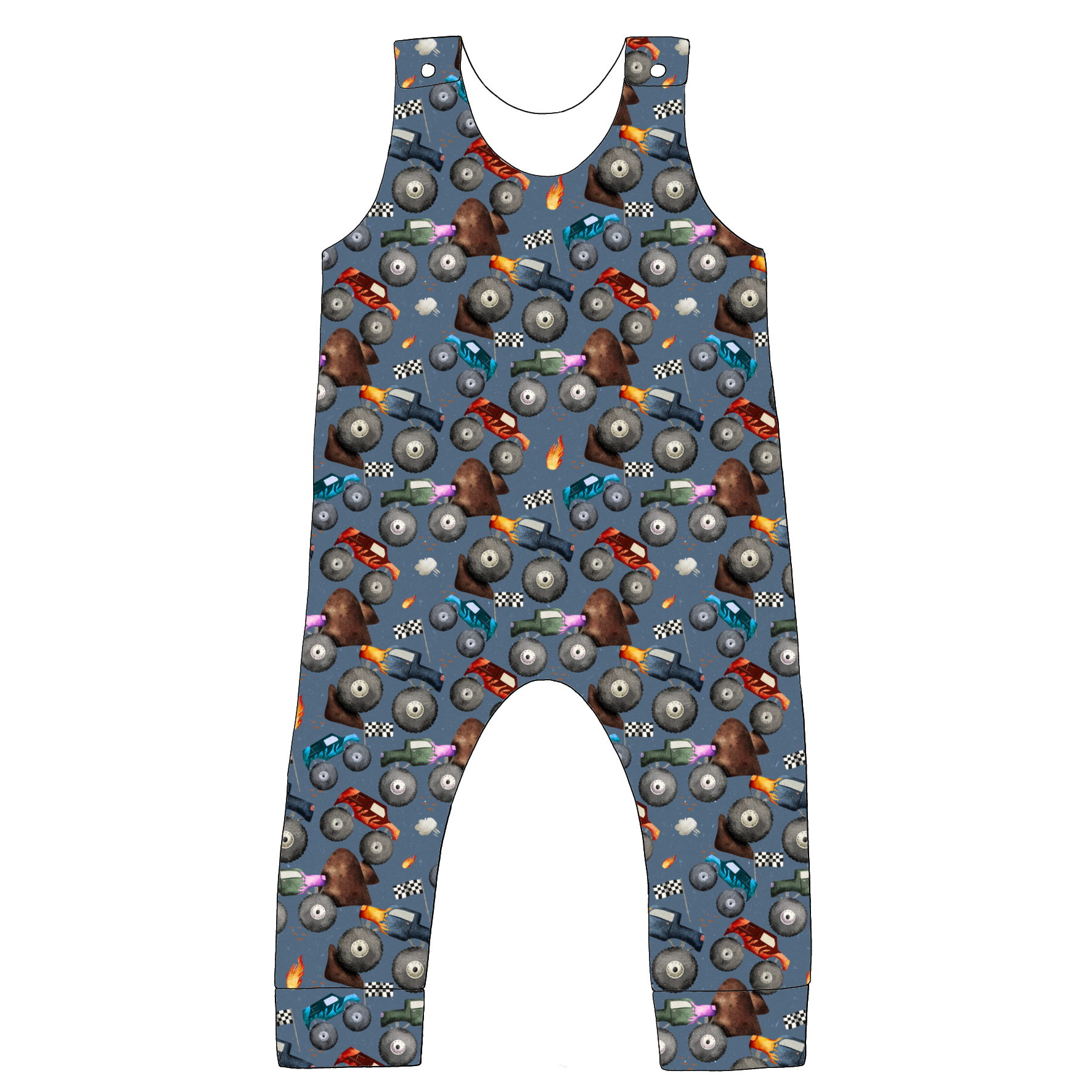 Full-length handmade dungarees in Monster Trucks – blue jersey with monster trucks, flames and flags, finished with rolled hems and comfy straps.