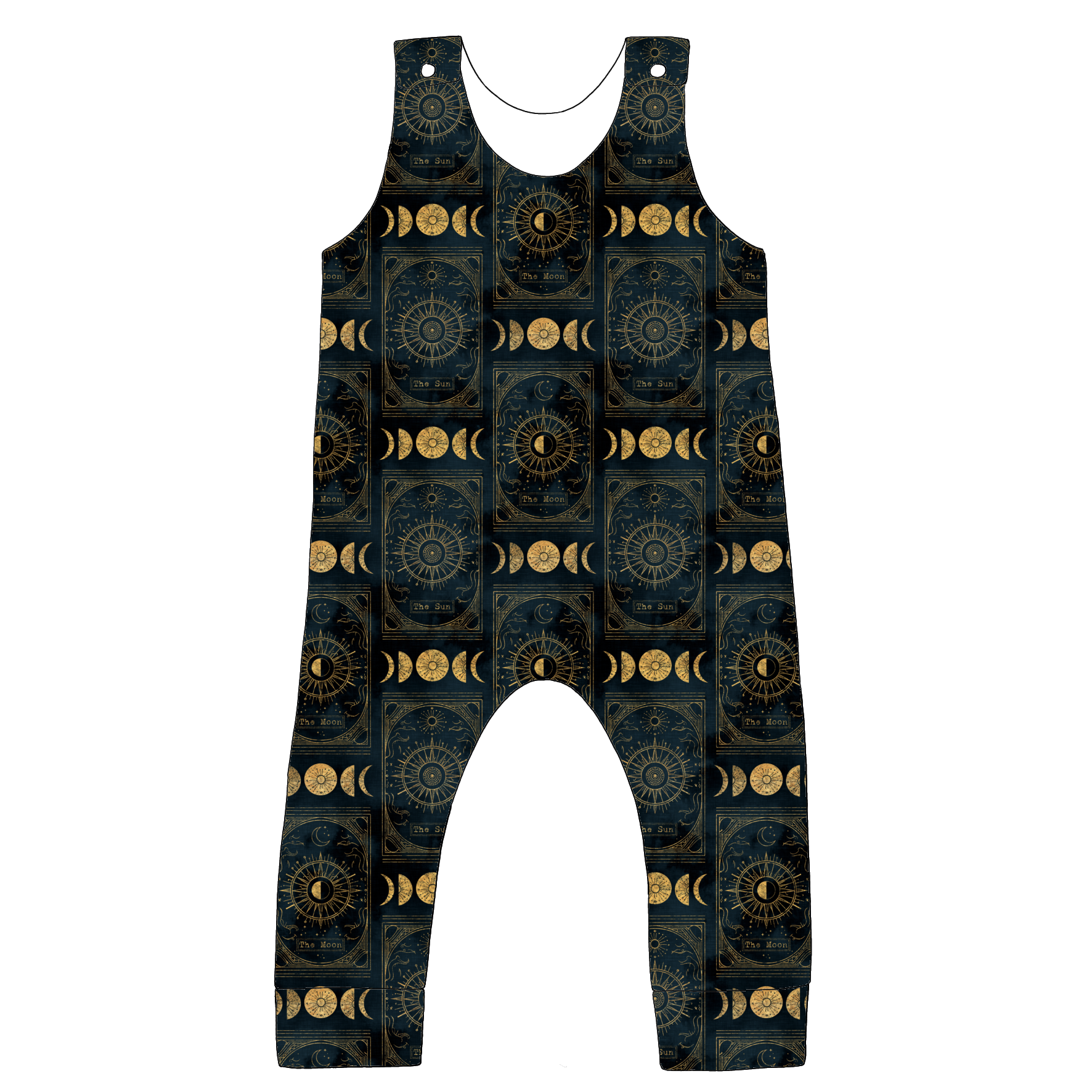 Standard romper in Tarot fabric – black jersey with gold tarot cards, moons, stars and celestial motifs.