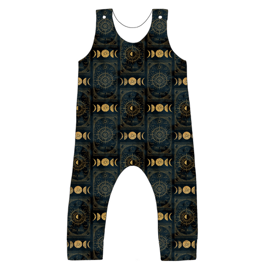 Standard romper in Tarot fabric – black jersey with gold tarot cards, moons, stars and celestial motifs.