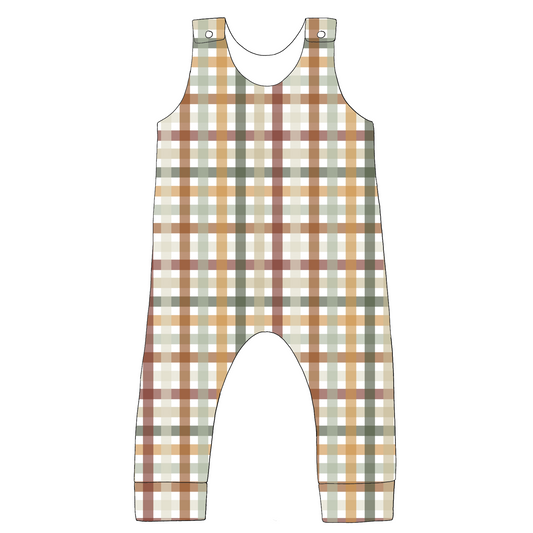 Children’s standard romper in Harvest Gingham – soft jersey fabric with rust, mustard, sage and cream checks, popper shoulder straps and tapered legs for easy movement.