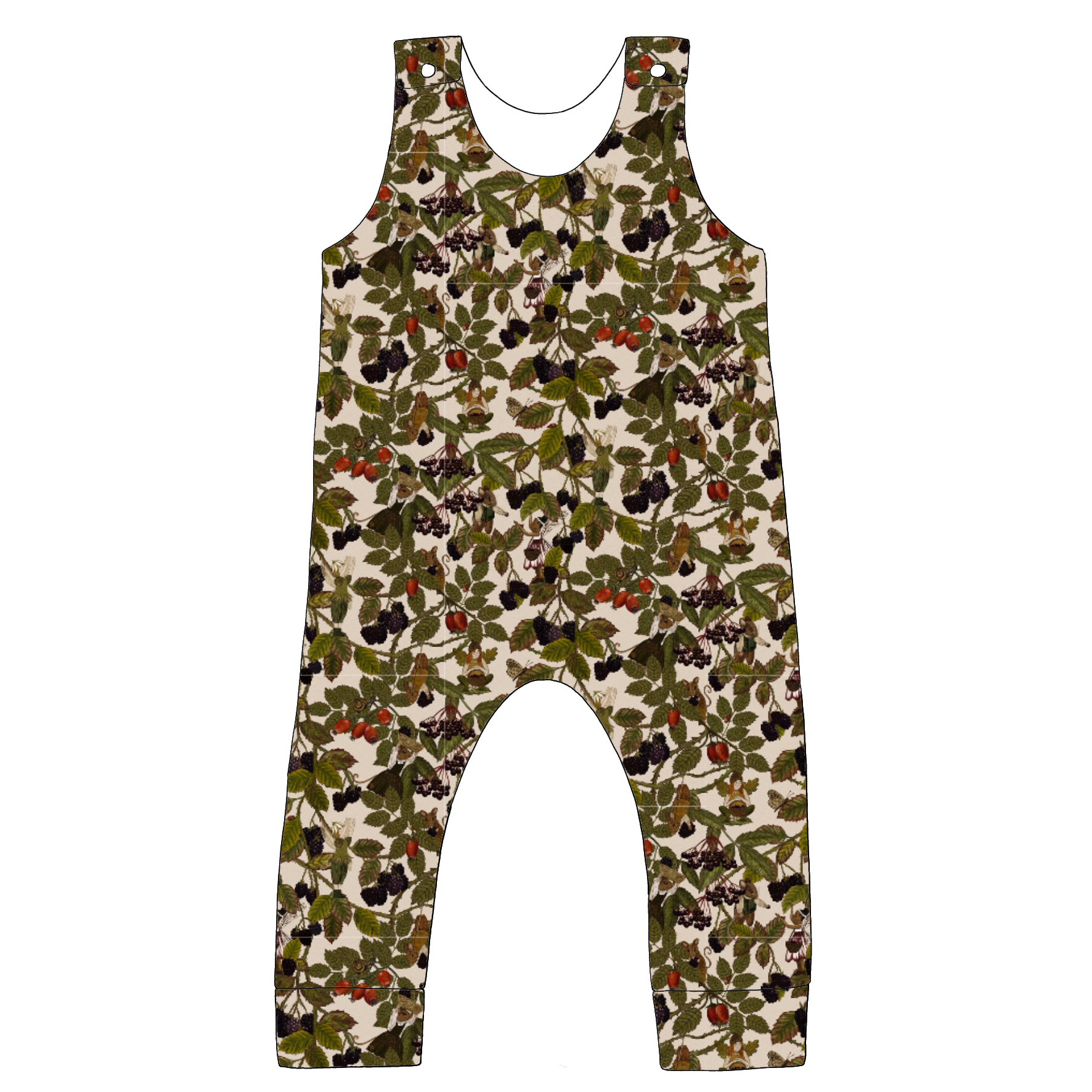 Standard romper in Hedgerow fabric – neutral base with illustrated leaves, blackberries, mice, and tiny fairies.