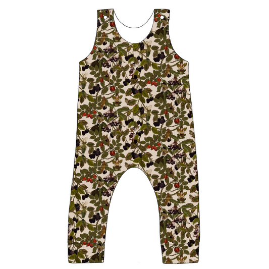 Standard romper in Hedgerow fabric – neutral base with illustrated leaves, blackberries, mice, and tiny fairies.
