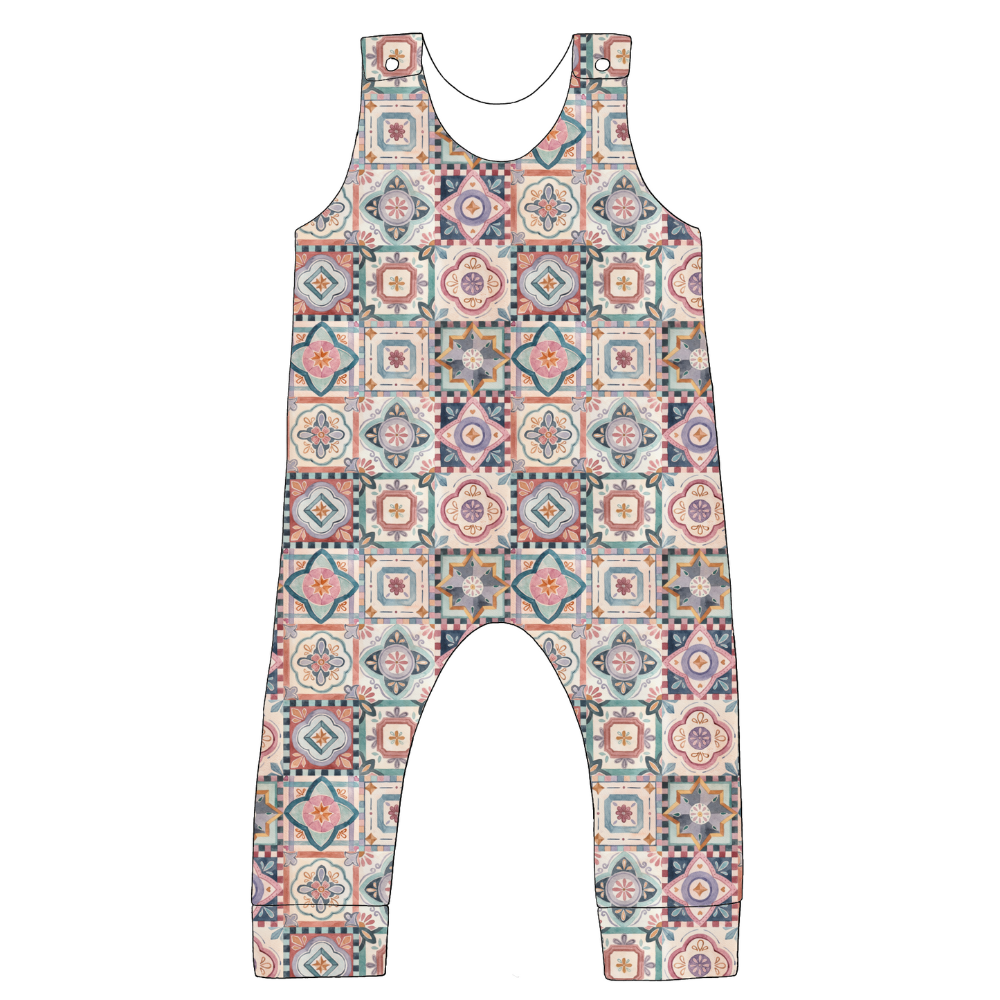 Standard Romper in Faro – soft jersey romper in bold tile print in terracotta, blush, navy and sage green.