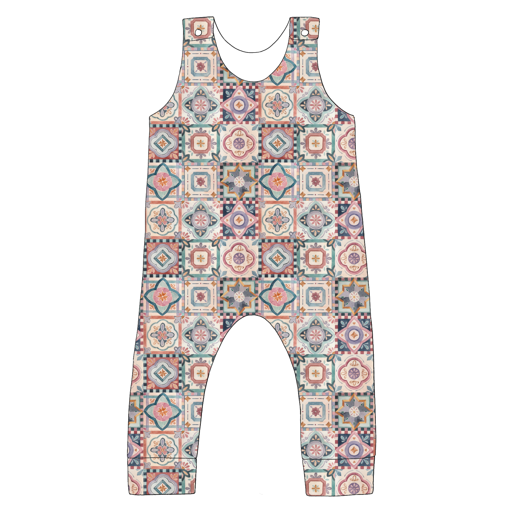 Standard Romper in Faro – soft jersey romper in bold tile print in terracotta, blush, navy and sage green.