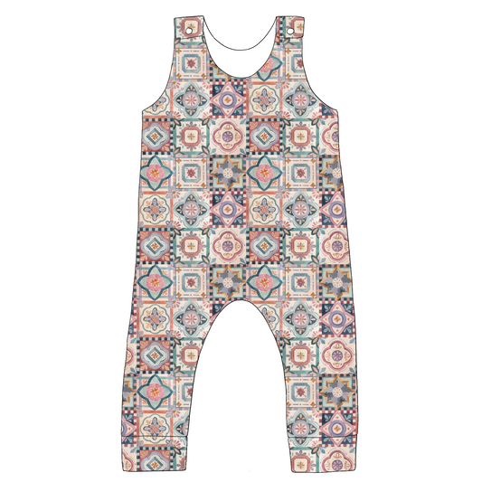 Standard Romper in Faro – soft jersey romper in bold tile print in terracotta, blush, navy and sage green.