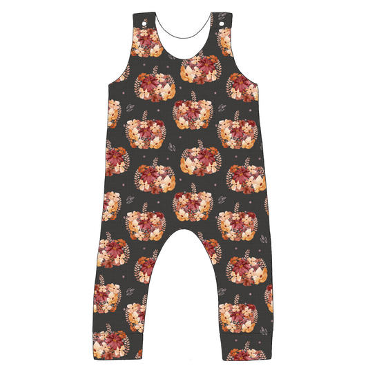 Standard romper in Baize fabric – charcoal jersey with pumpkin and floral print, popper shoulder fastenings and relaxed tapered leg shape for comfort and play.