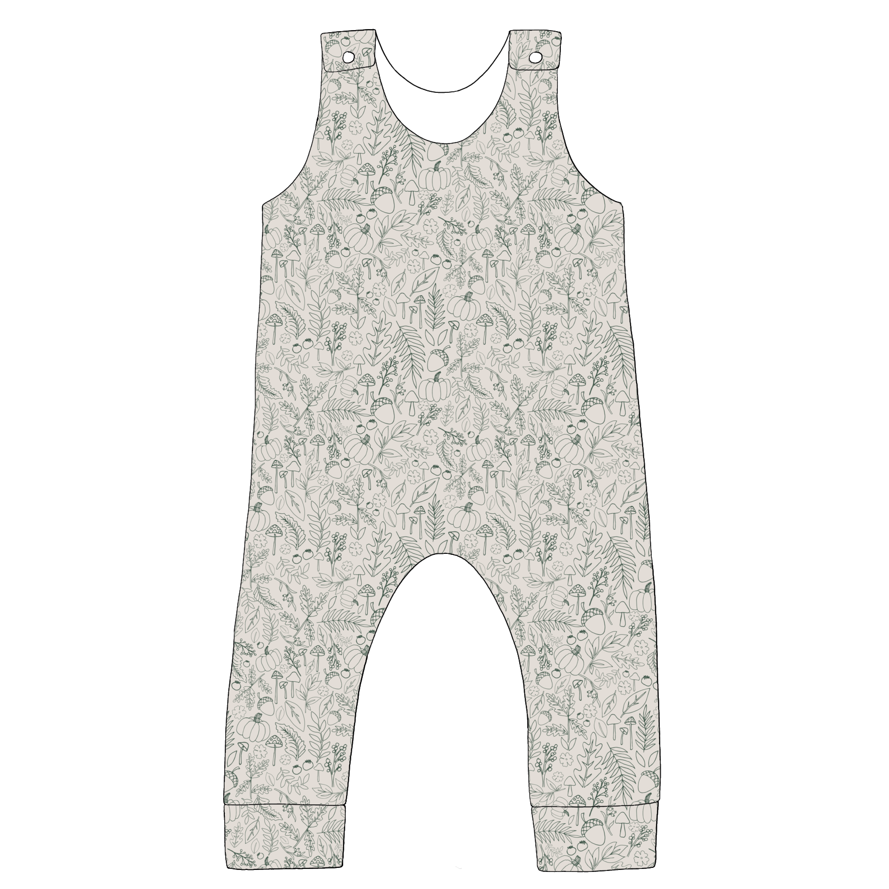 Children’s romper in Autumn Outlines fabric – cream jersey base with sage green line drawings of pumpkins and mushrooms, popper shoulders and relaxed tapered legs.
